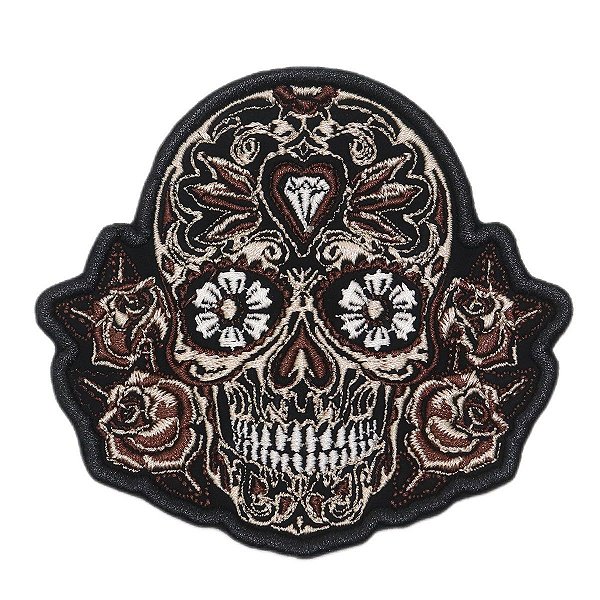 Patch Bordado Caveira Mexicana Rosas Marrom 9x10cm