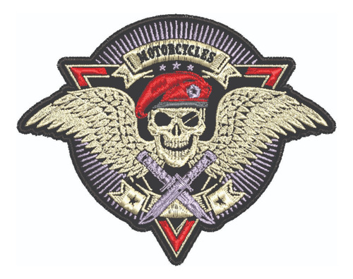 Patch Bordado Caveiras Caveira Boina Vermelha 10x7,8cm