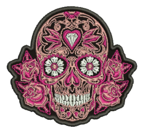 Patch Bordado Caveiras Caveira Rosas 9x8,2cm
