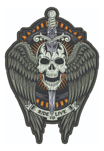 Patch Bordado Grandes Caveira Asa E Espada 19,3x28cm