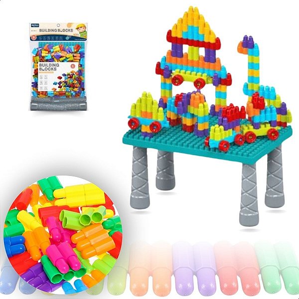 Mesa Infantil Educativa Com Blocos De Montar Coloridos 140 peças