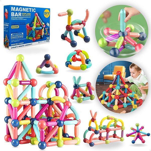 Kit Blocos P/ Montar Magnético Montessori 36 Peças