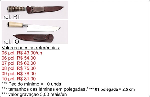 FACAS P/ BRINDE NO ATACADO / DE 05 À 10 POLEGADAS