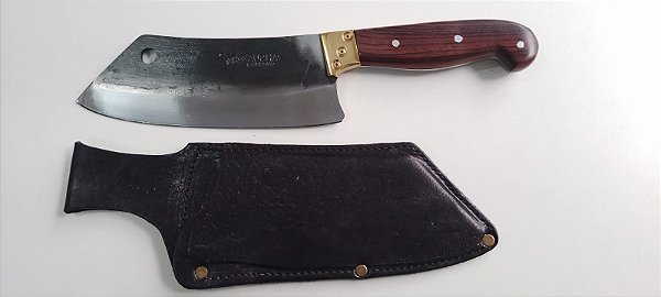 CUTELO RÚSTICO 08" GAÚCHA COM METAL DOURADO / AÇO CARBONO / CABO MADEIRA NOBRE / BAINHA DE COURO