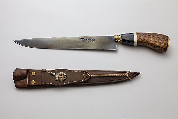 FACA FOSFATIZADA GAÚCHA 10" CABO CHIFRE/MADEIRA/OSSO / AÇO CARBONO BAINHA DE COURO
