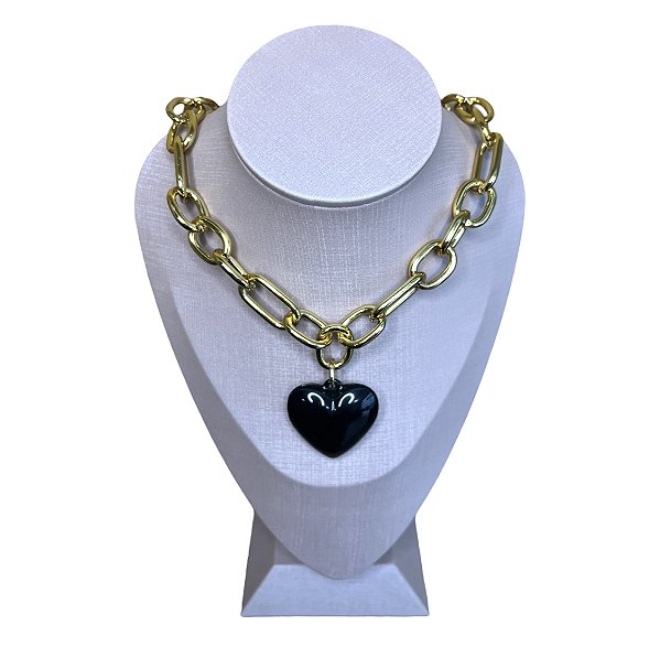 Colar Coração Negro Folhado A Ouro