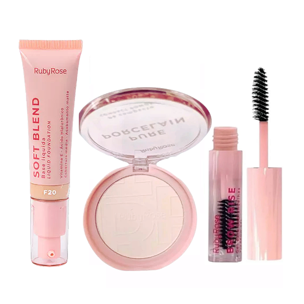 Kit de Maquiagem Linha Rosa Ruby Rose - Base Líquida + Pó Compacto + Gel de Sobrancelha