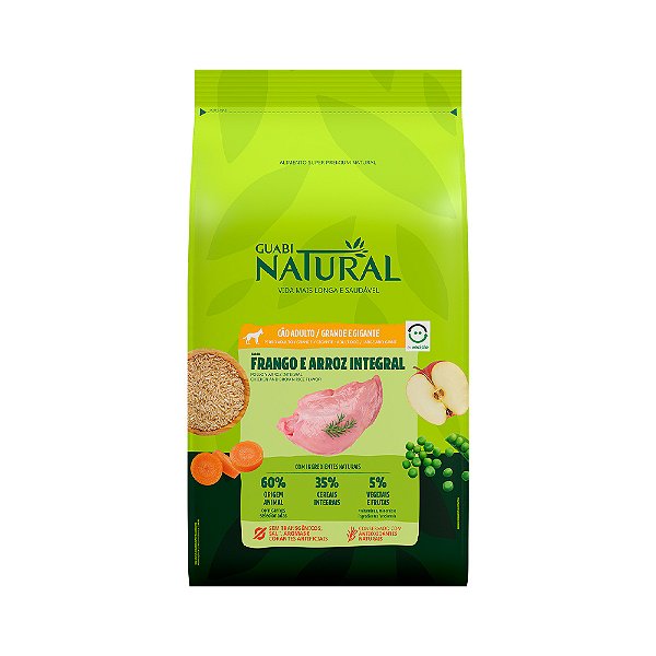 Ração Guabi Natural 20kg para Cães Adultos de Porte Grande e Gigante Sabor Frango e Arroz Integral