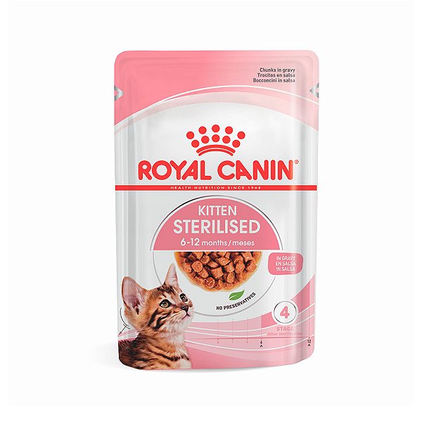 Ração Úmida Royal Canin Feline Health Nutrition Kitten Sterilised Pedaços ao Molho para Gatos Filhotes Castrados 85g