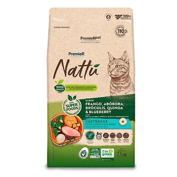 Ração Premier Nattu 275kg Gatos Adultos Castrados Abóbora