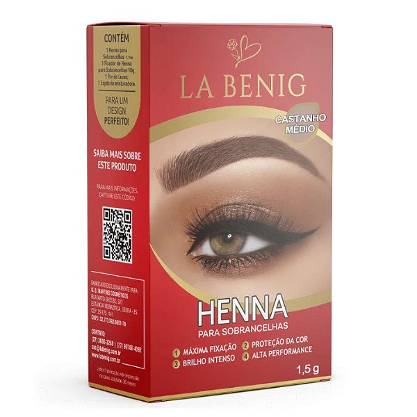 Henna La Benig Alta Fixação Profissional Castanho Médio: Sobrancelhas naturais e definidas por 15 dias