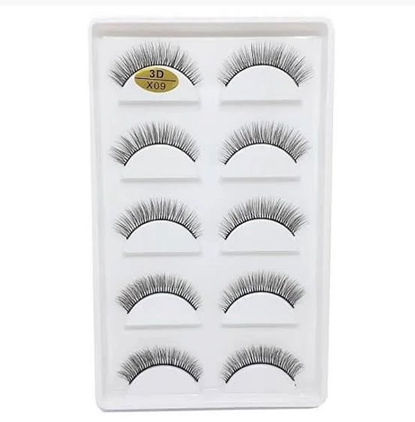 Cílios Postiços X09 - Cartela com 5 Pares - Efeito Natural e Dramático - Reutilizáveis