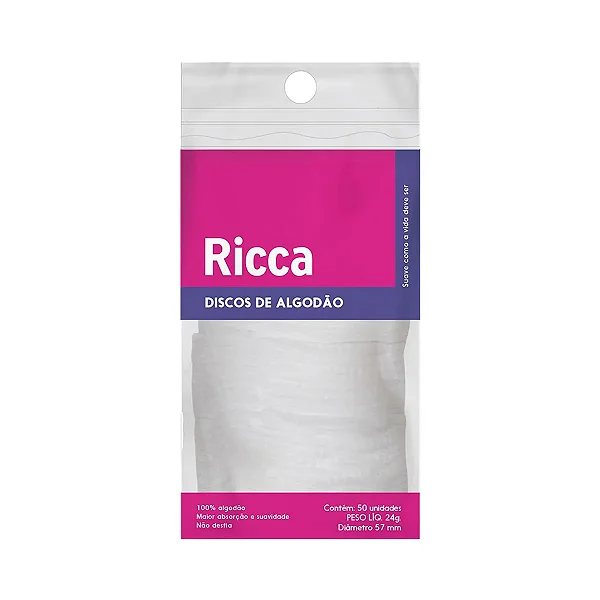 Algodão Disco Padrão Ricca - 50 Unidades, Tecnologia Waterjet, Superfície Macia e Alta Absorção