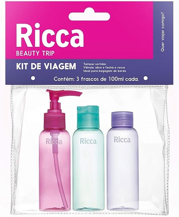 Conjunto com 3 Frascos de Viagem Ricca - 100ml, Tampas Sortidas, Ideal para Bagagem de Bordo