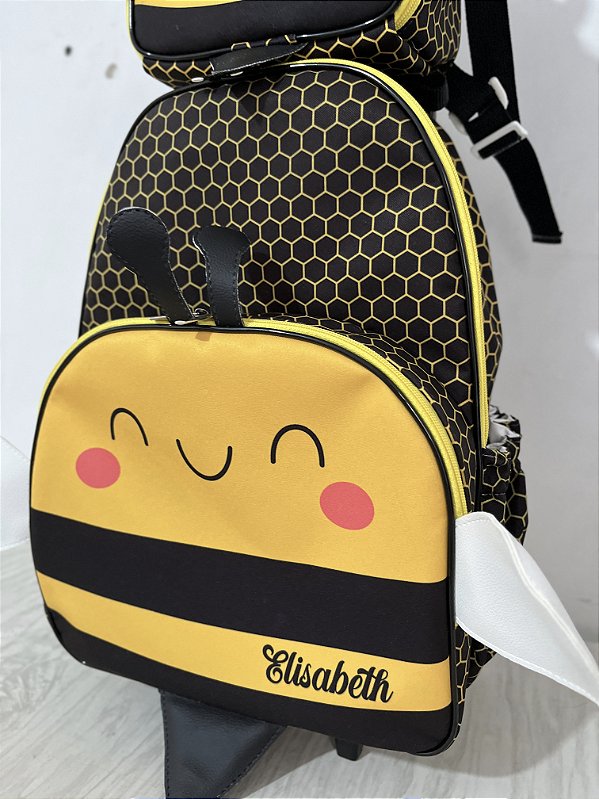 Kit Mochila Escolar  M Abelhinha 3D com rodinhas + Lancheira Oval