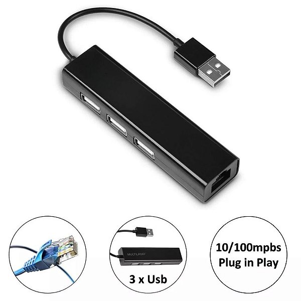 Adaptador De Rede Para Usb 2.0 10/100mbps + Hub 3 Portas Usb