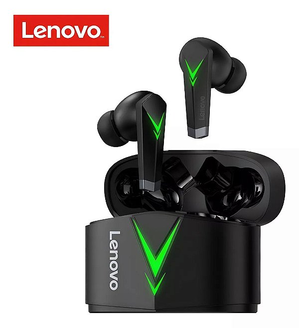 Fone de ouvido in-ear gamer sem fio Lenovo LivePods LP6 preto com luz verde LED