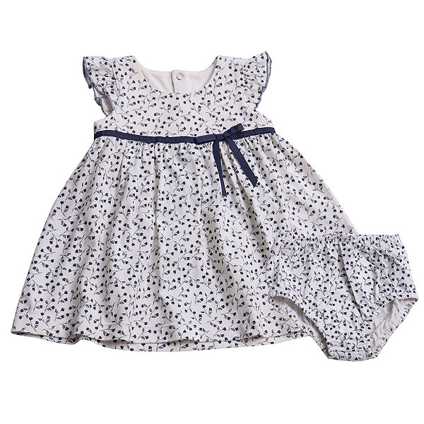 Vestido Bebê Raminhos Cru Azul Marinho Meia Malha 100% Algodão