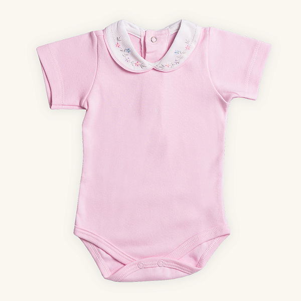 Body Bebê Menina Gola Bordada Manga Curta Rosa Suedine 100% Algodão