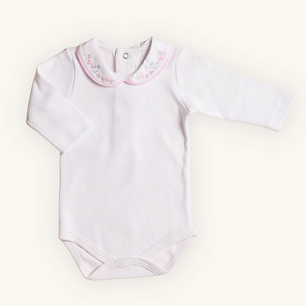 Body Bebê Menina Gola Bordada Manga Longa Branco Suedine 100% Algodão
