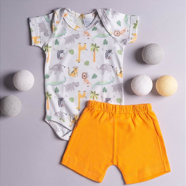 Conjunto Body Short Bebê Safari Cotton Premium e Suedine 100% Algodão