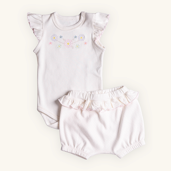 Conjunto Body e Shorts Bebê Flor Pois em Suedine Premium 100% Algodão