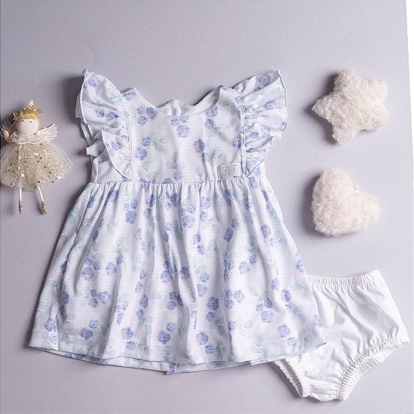 Vestido Bebê Hortênsias em Modal com Forro e calcinha em Meia Malha