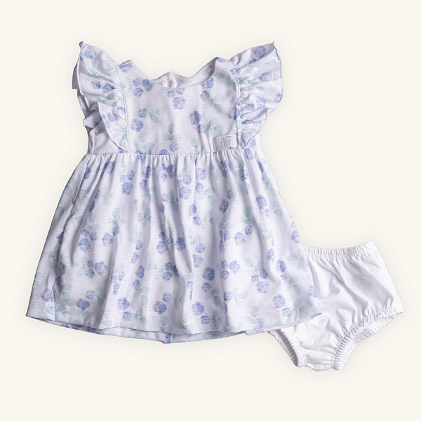 Vestido Bebê Hortênsias em Modal com Forro e calcinha em Meia Malha