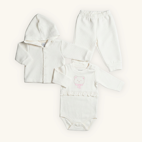 Conjunto Body Bebê 3 Peças em Suedine 100% Algodão e Matelassê Premium