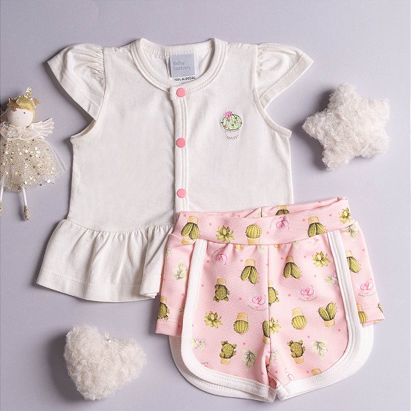 Conjunto Bebê Menina Verão Cactos Bata em Suedine Short em Moletinho