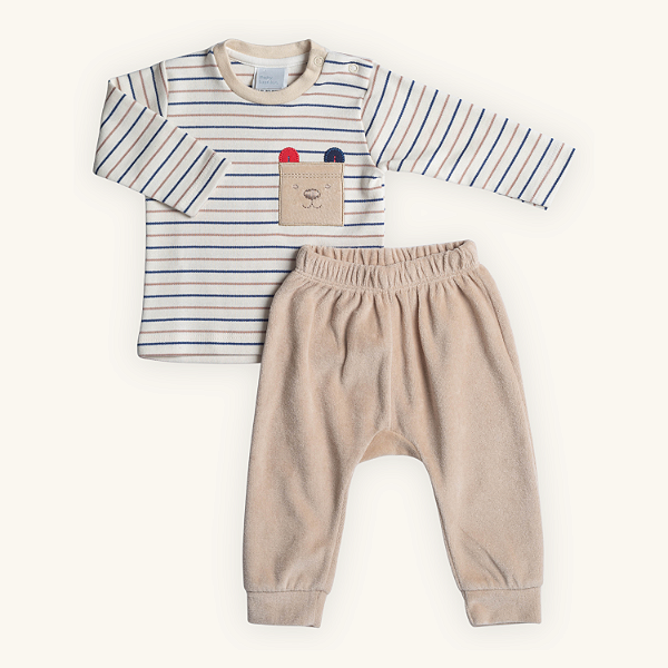 Conjunto 2 Peças Bebê Menino Urso Bordado Suedine Plush Premium