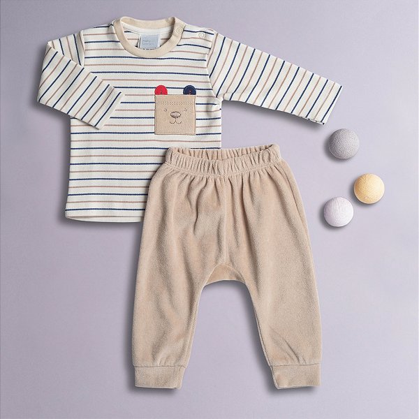 Conjunto Bebê Inverno Urso - Camiseta Suedine 100% Algodão Calça Plush