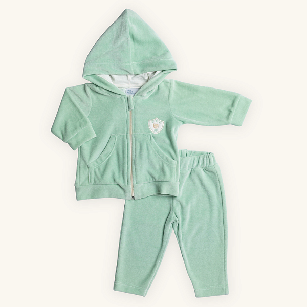 Conjunto 2 Peças Bebê Menino Capuz Emblema Verde Menta Plush Premium