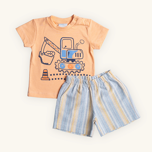 Conjunto 2 Peças Bebê Menino Trator Camiseta Meia Malha Short Tricoline