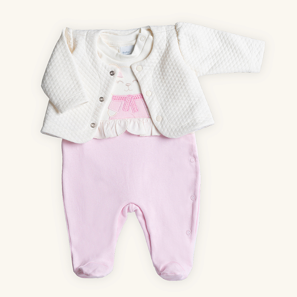 Macacão Bebê com Casaco Ursinha Macacão em Suedine Premium 100% Algodão e casaco em Matelassê