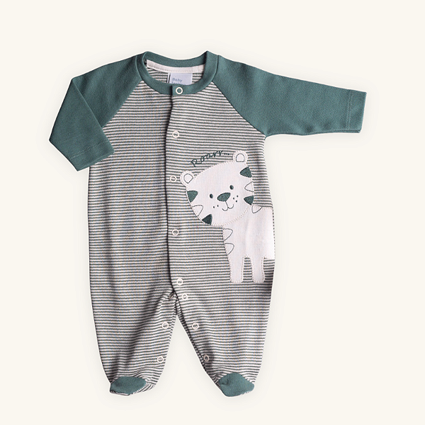 Macacão Bebê Tigre Suedine Listrada e Suedine Verde Selva 100% Algodão
