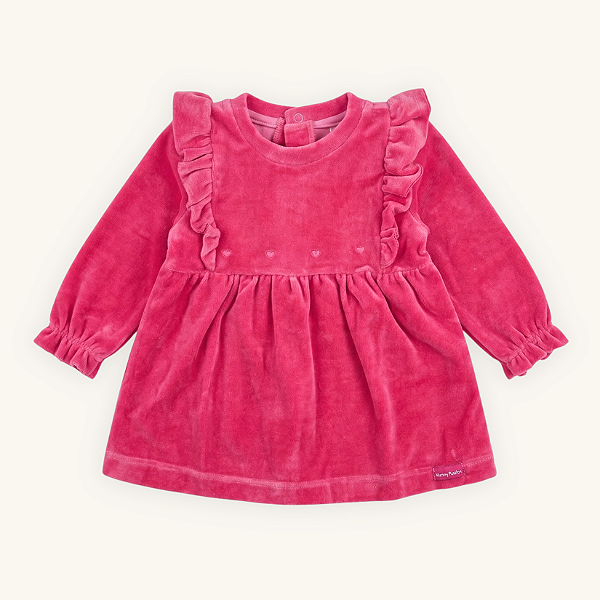 Vestido Bebê Babados Bordados Corações em Plush Premium