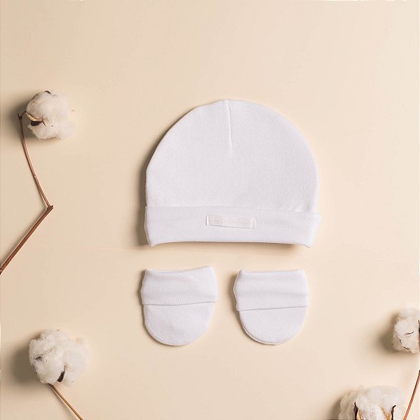 Kit Touca e Luvas Bebê Branco em Suedine Premium 100% Algodão