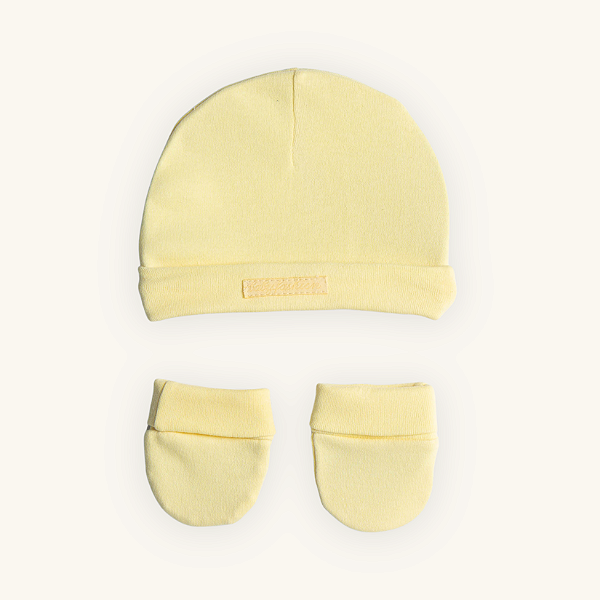 Kit Touca e Luvas Bebê Amarelo em Suedine Premium 100% Algodão