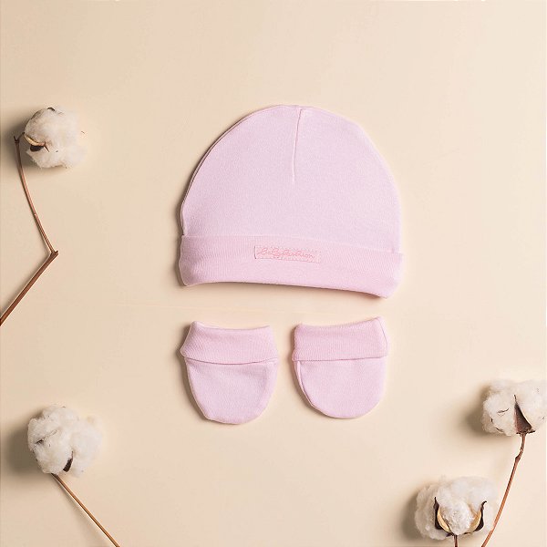 Kit Touca e Luvas Bebê Rosa em Suedine Premium 100% Algodão