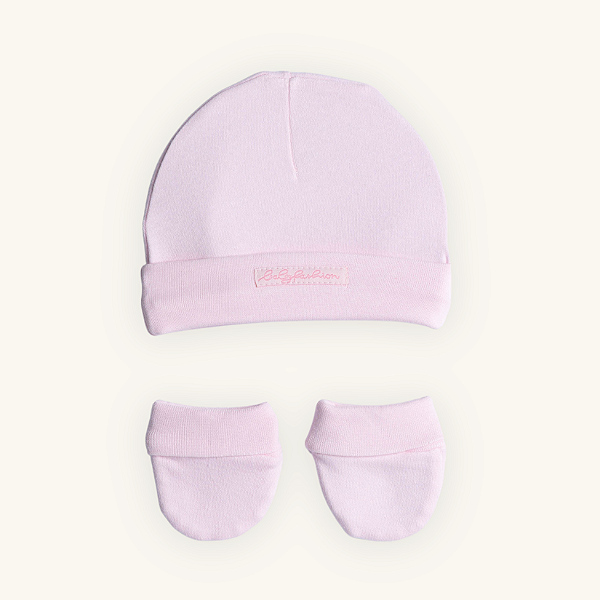 Kit Touca e Luvas Bebê Rosa em Suedine Premium 100% Algodão