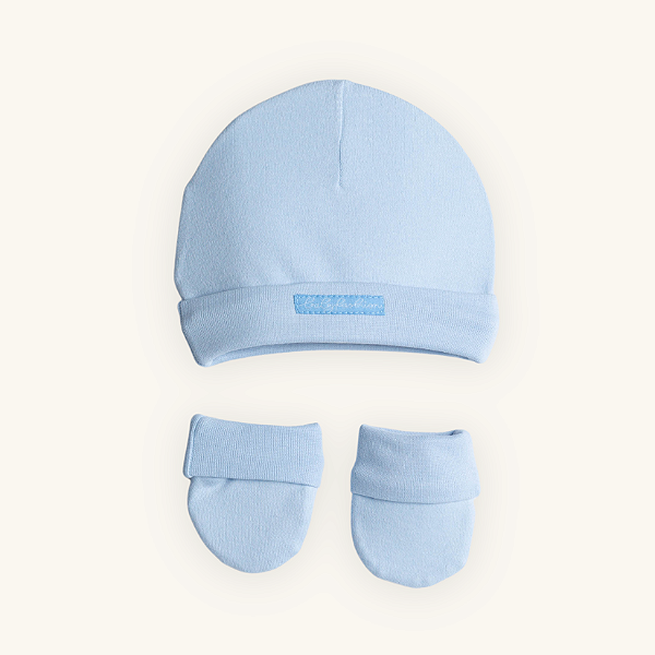Kit Touca e Luvas Bebê Azul Claro em Suedine Premium 100% Algodão