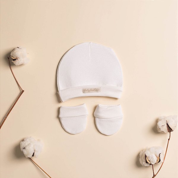 Kit Touca e Luvas Bebê Cru em Suedine Premium 100% Algodão