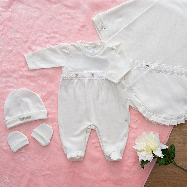 Saída Maternidade Menina Rendas e Flores Suedine 100% Algodão 4 peças