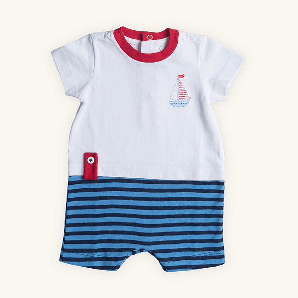 Macaquinho Bebê Romper Nautico em Meia Malha e Suedine 100% Algodão
