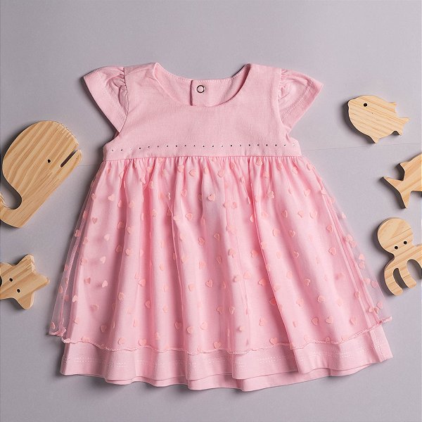 Vestido Bebê Tule Corações Rosa em Meia Malha Premium 100% Algodão