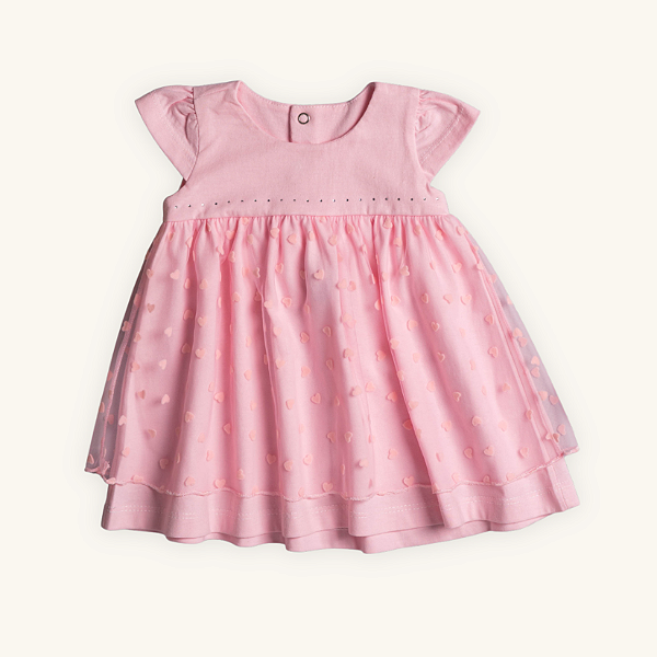 Vestido Bebê Tule Corações Rosa em Meia Malha Premium 100% Algodão