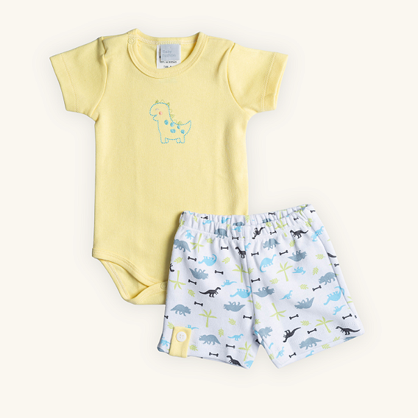 Conjunto Body e Short Bebê Dinossauro Suedine Premium 100% Algodão