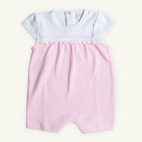 Macaquinho Bebê Romper Brilho Rosa e Branco Suedine 100% Algodão Nobre