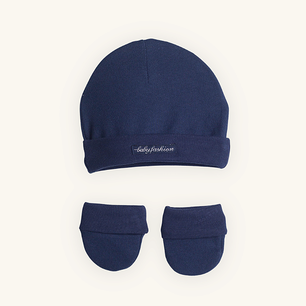 Kit Touca e Luvas Bebê Azul Marinho em Suedine Premium 100% Algodão